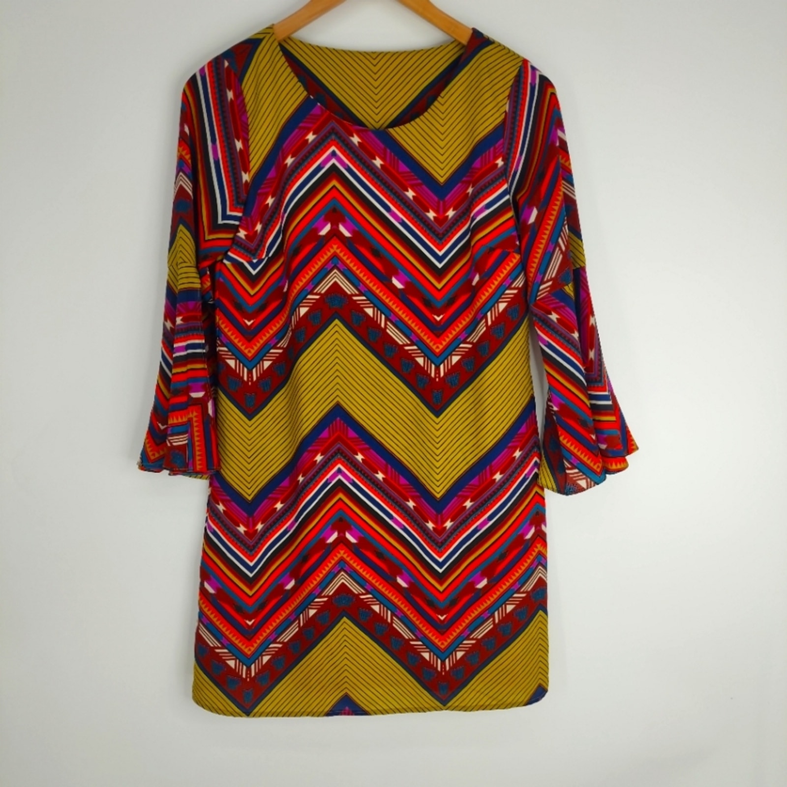 Uncle Frank Red/Yellow Chevron Shift Shirt Dress Lightweight Size Xs